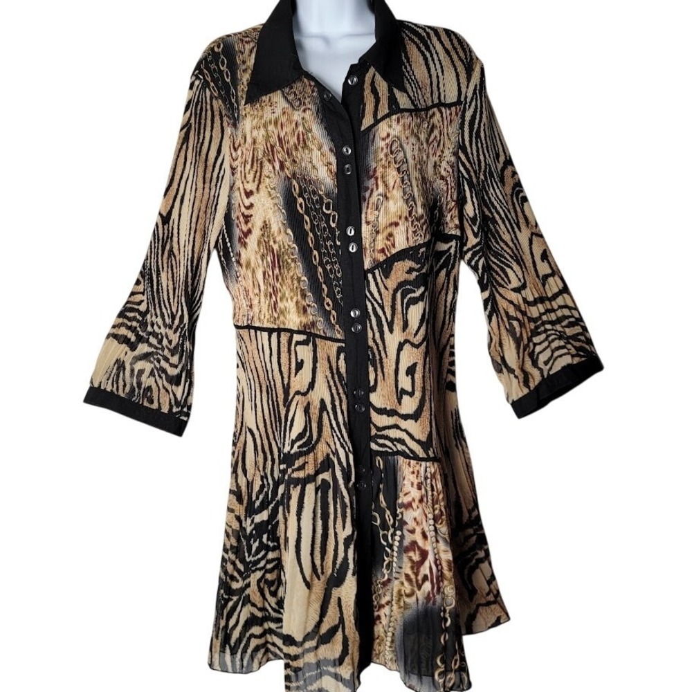 Lindi XL Animal Print Chain Mix Button Down‎ Tunic Top/Dress Sheer Flowy Boho